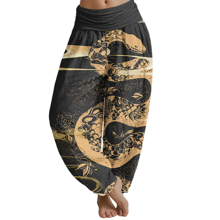 Buddha Stones Auspicious Clouds With Snake Pattern Women's Elastic Waist Harem Pants