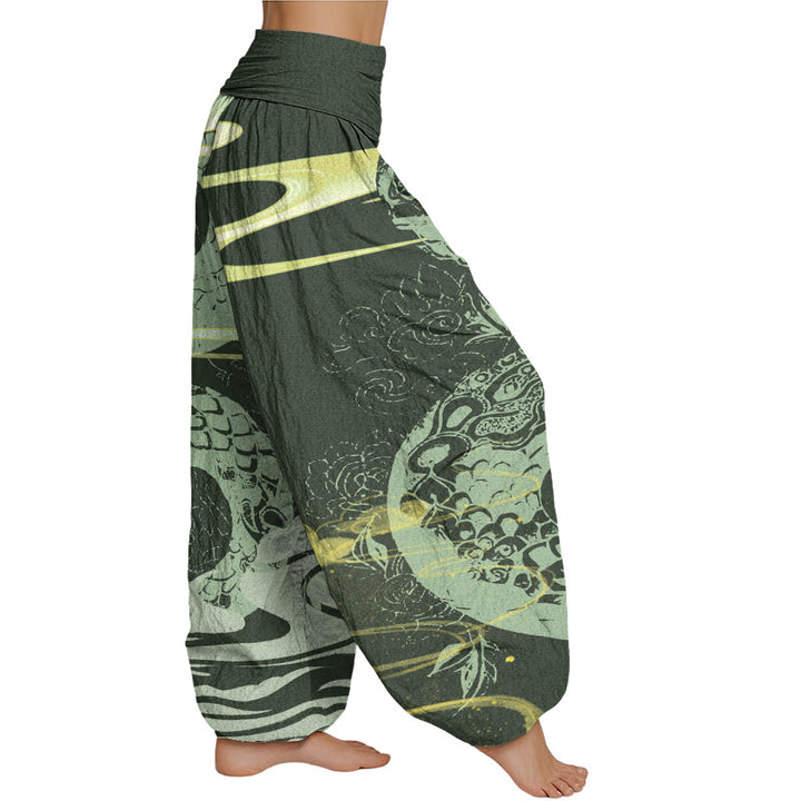 Buddha Stones Auspicious Clouds With Snake Pattern Women's Elastic Waist Harem Pants