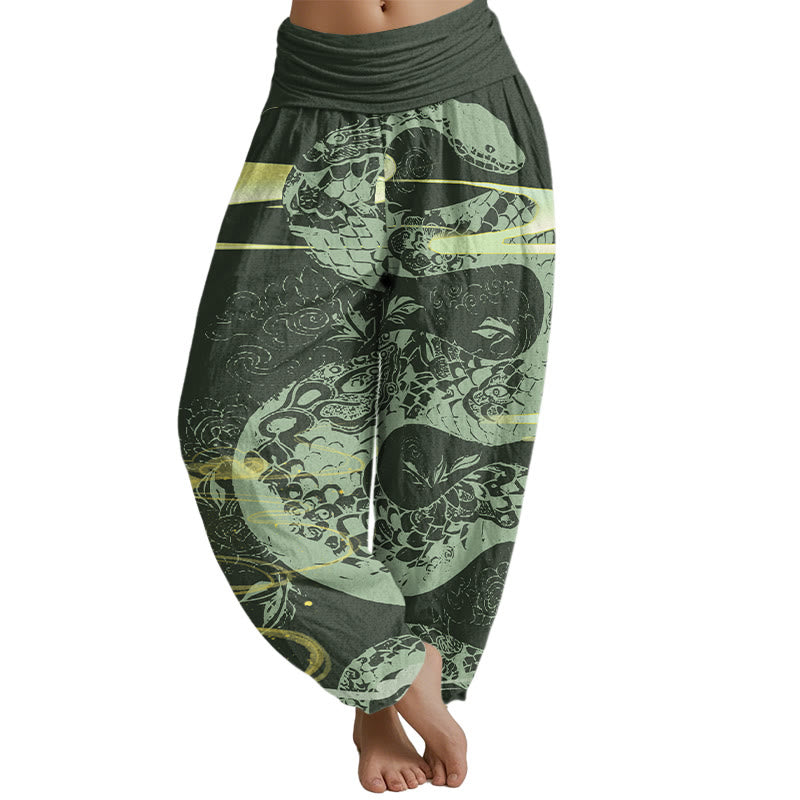 Buddha Stones Auspicious Clouds With Snake Pattern Women's Elastic Waist Harem Pants