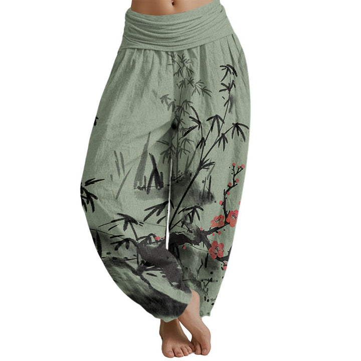 Buddha Stones Plum Blossoms Bamboo Orchids Chrysanthemums Pattern Women's Elastic Waist Harem Pants