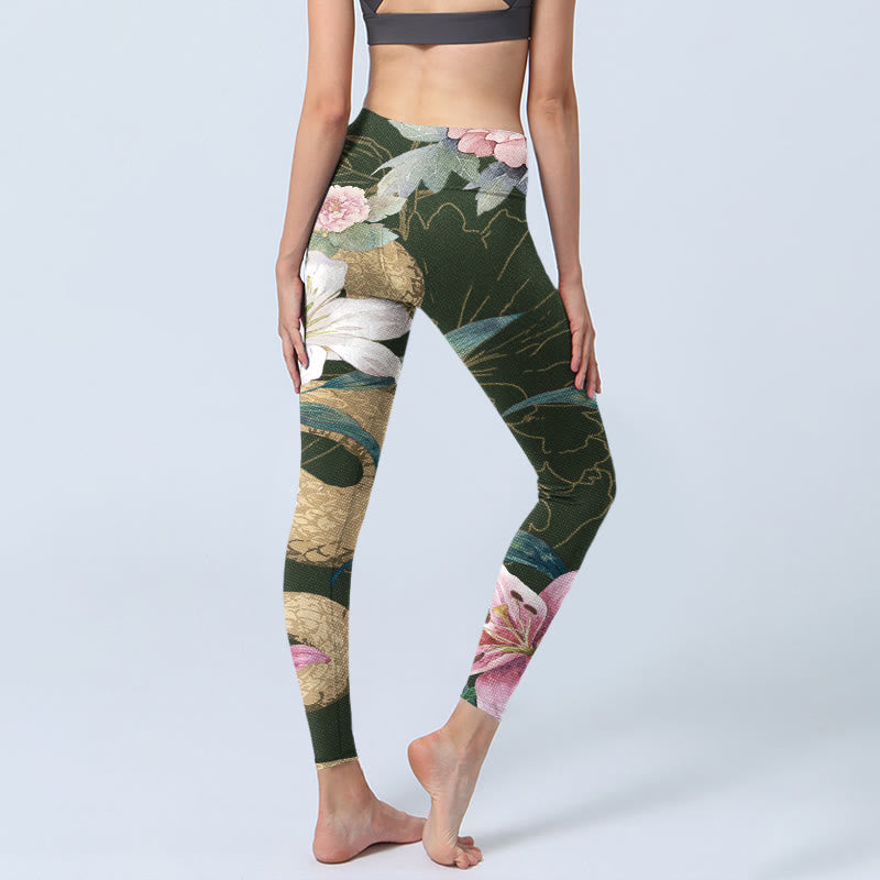 Buddha Stones Green Golden Snake Lily Peony Flowers Print Gym Leggings Women's Yoga Pants