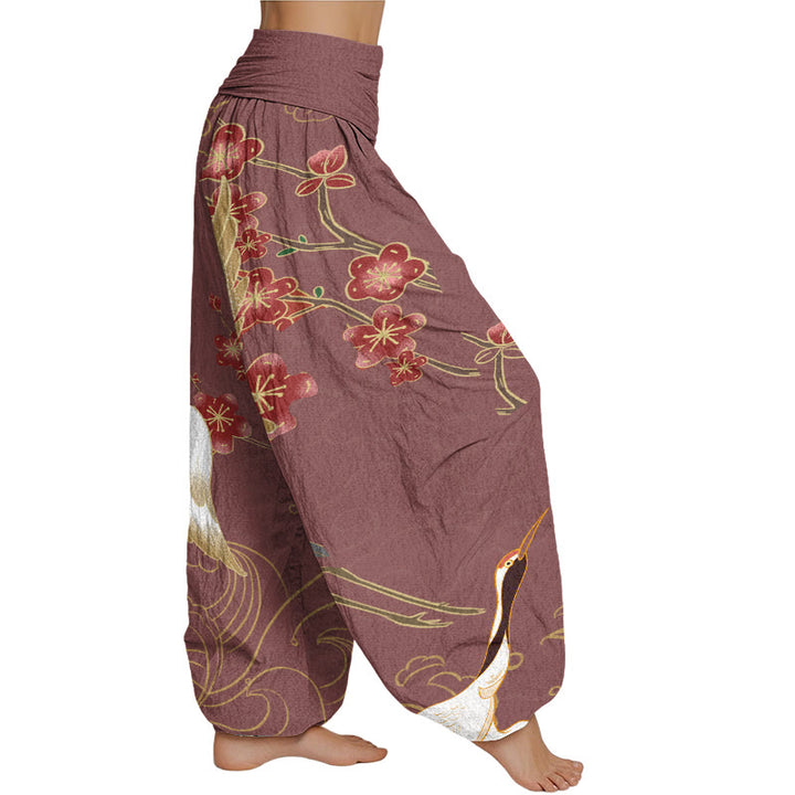 Buddha Stones Cranes Flowers Auspicious Clouds pattern Women's Elastic Waist Harem Pants