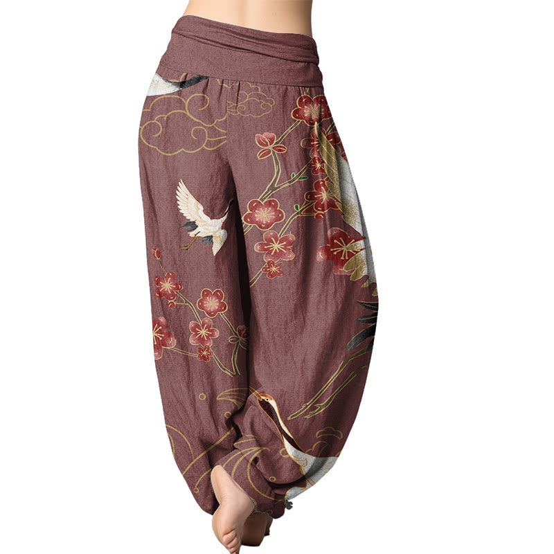 Buddha Stones Cranes Flowers Auspicious Clouds pattern Women's Elastic Waist Harem Pants