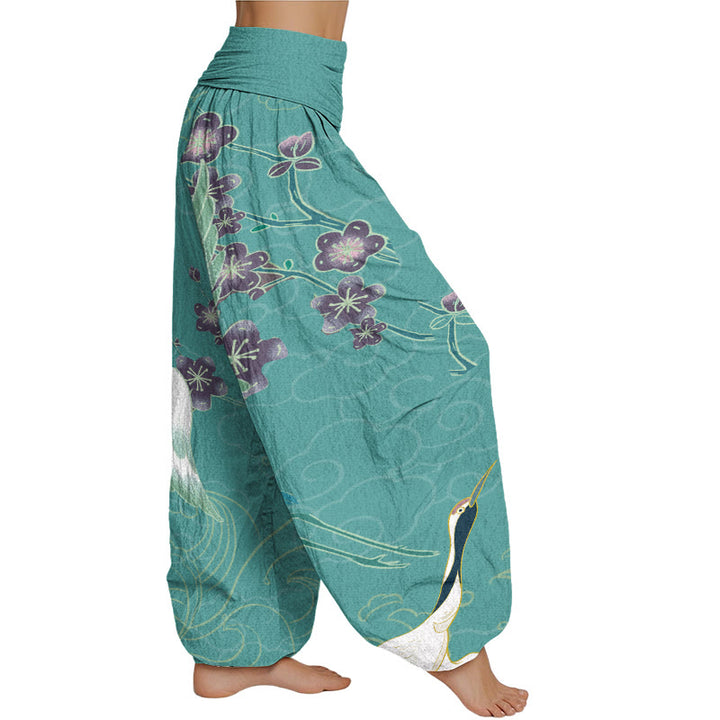 Buddha Stones Cranes Flowers Auspicious Clouds pattern Women's Elastic Waist Harem Pants