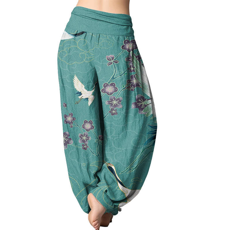 Buddha Stones Cranes Flowers Auspicious Clouds pattern Women's Elastic Waist Harem Pants