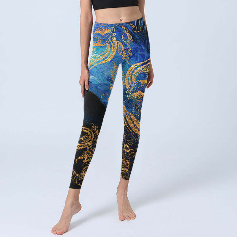 Buddha Stones Black Snake Butterfly Flower Leaves Print Gym Leggings Women's Yoga Pants