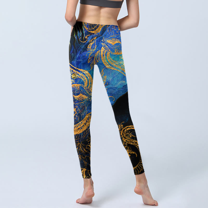 Buddha Stones Black Snake Butterfly Flower Leaves Print Gym Leggings Women's Yoga Pants