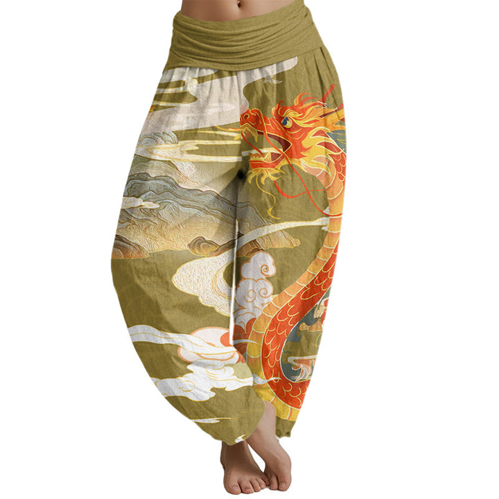 Buddha Stones Dragons Auspicious Clouds pattern Women's Elastic Waist Harem Pants