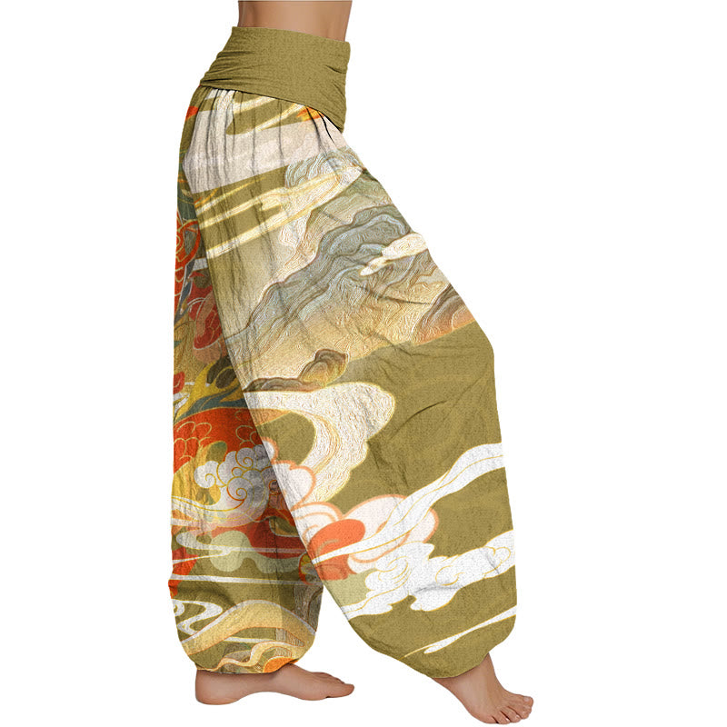 Buddha Stones Dragons Auspicious Clouds pattern Women's Elastic Waist Harem Pants