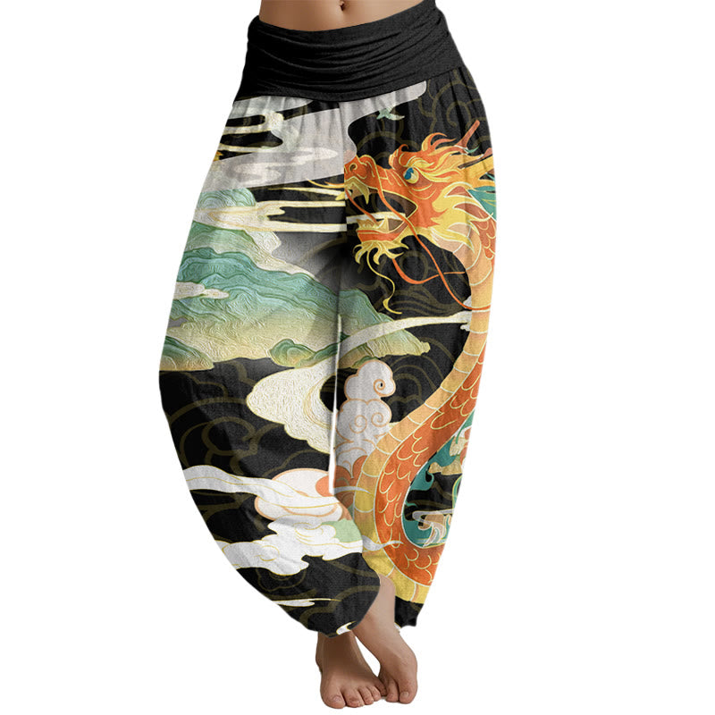 Buddha Stones Dragons Auspicious Clouds pattern Women's Elastic Waist Harem Pants