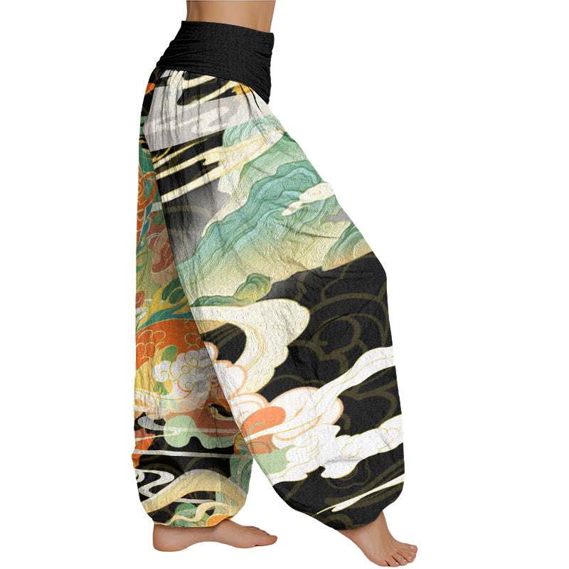 Buddha Stones Dragons Auspicious Clouds pattern Women's Elastic Waist Harem Pants