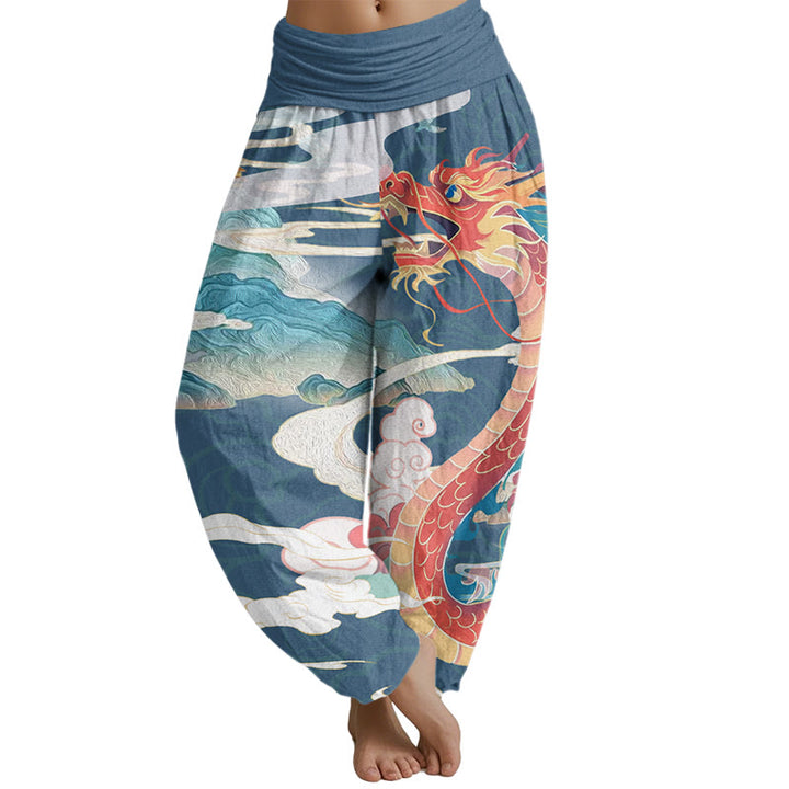 Buddha Stones Dragons Auspicious Clouds pattern Women's Elastic Waist Harem Pants