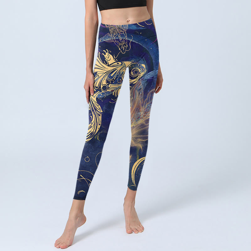 Buddha Stones Blue Koi Fish Auspicious Clouds Print Gym Leggings Women's Yoga Pants