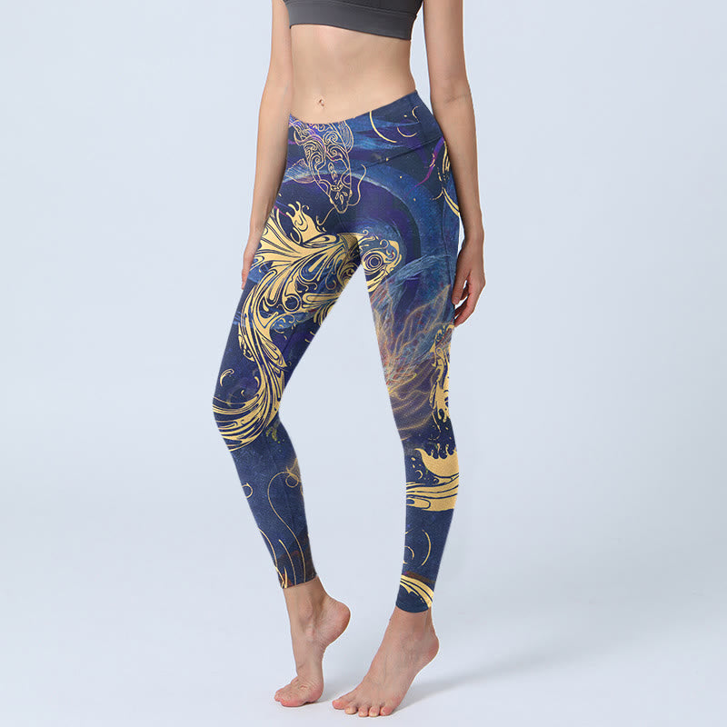 Buddha Stones Blue Koi Fish Auspicious Clouds Print Gym Leggings Women's Yoga Pants - MediumBlue - US18，UK/AU22，EU50 (4XL) - image 0
