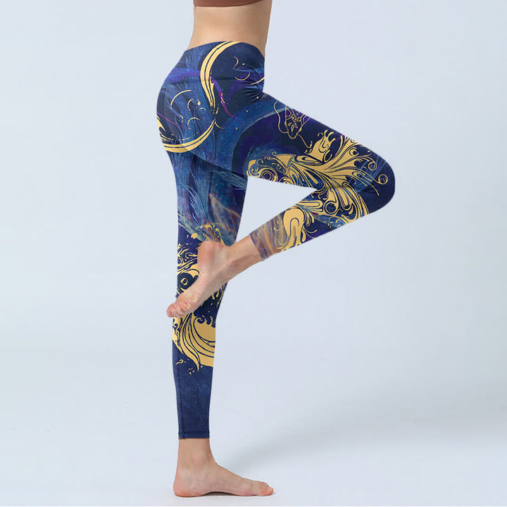 Buddha Stones Blue Koi Fish Auspicious Clouds Print Gym Leggings Women's Yoga Pants