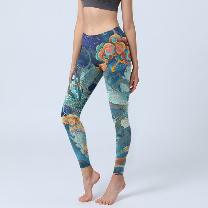 Buddha Stones Blue Dragon Auspicious Clouds Print Gym Leggings Women's Yoga Pants