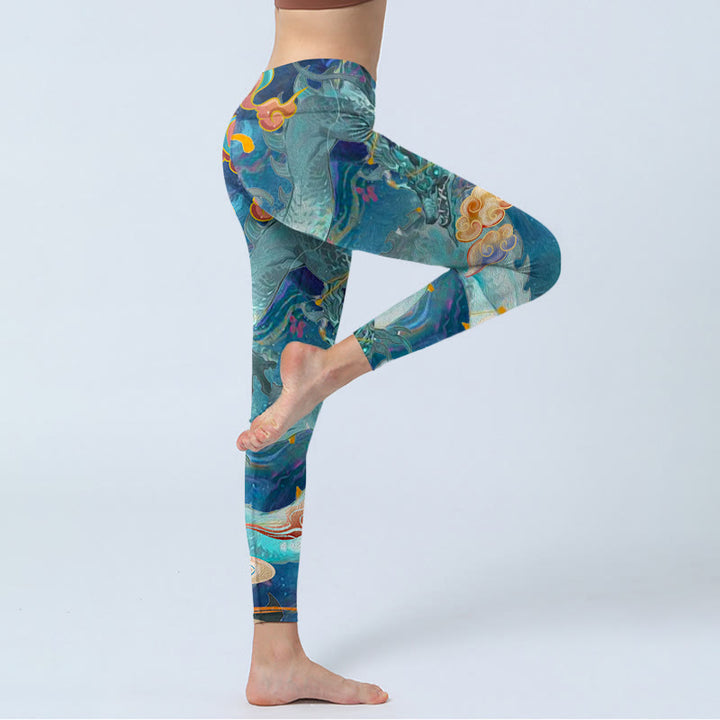 Buddha Stones Blue Dragon Auspicious Clouds Print Gym Leggings Women's Yoga Pants