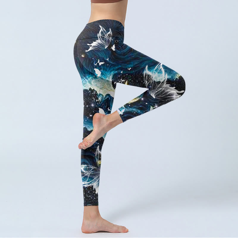 Buddha Stones Blue Butterfly Water Waves Moon Print Gym Leggings Women's Yoga Pants