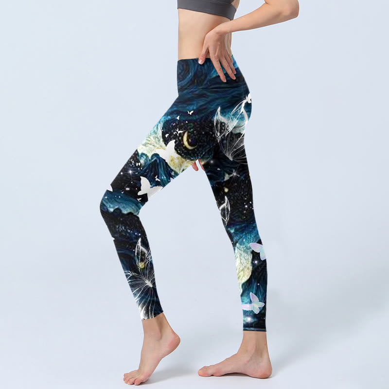 Buddha Stones Blue Butterfly Water Waves Moon Print Gym Leggings Women's Yoga Pants - image 2