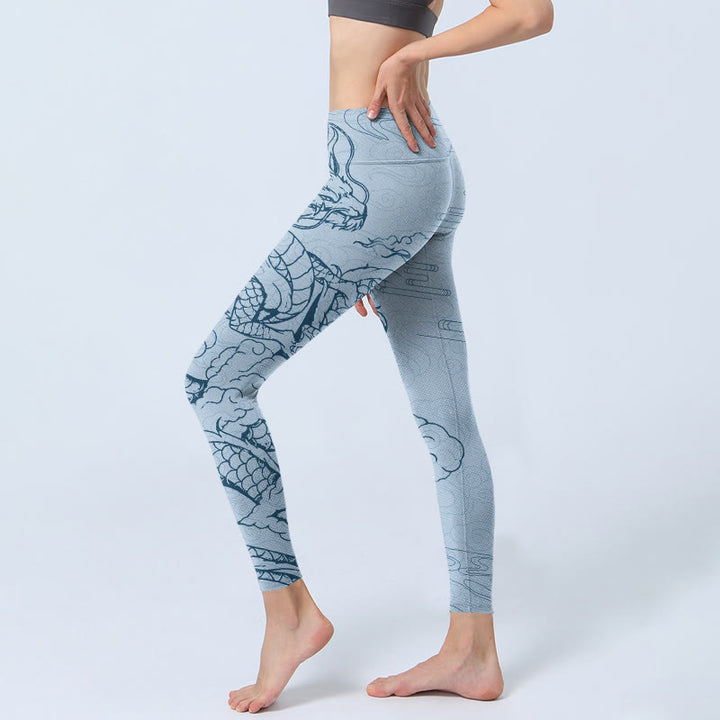 Buddha Stones Blue Soaring Dragon Swirling Clouds Print Gym Leggings Women's Yoga Pants