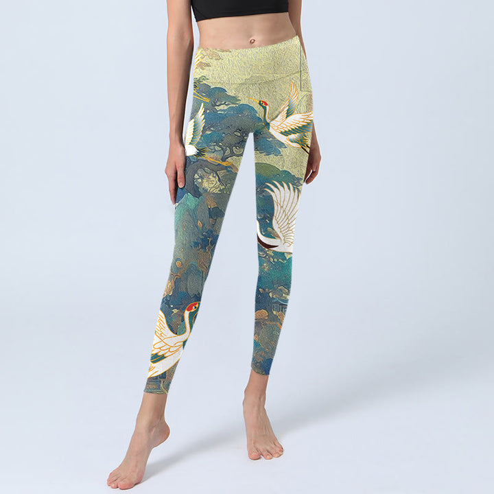 Buddha Stones Blue Red-crowned Crane Pine Tree Print Gym Leggings Women's Yoga Pants