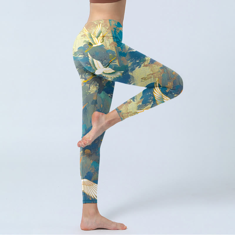 Buddha Stones Blue Red-crowned Crane Pine Tree Print Gym Leggings Women's Yoga Pants