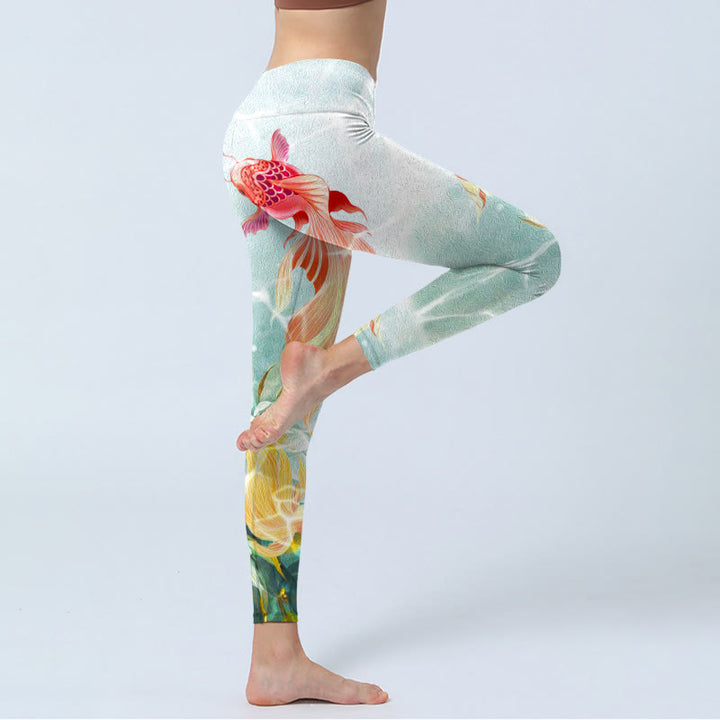 Buddha Stones Green Koi Fish White Lotus Water Ripples Print Gym Leggings Women's Yoga Pants - image 3