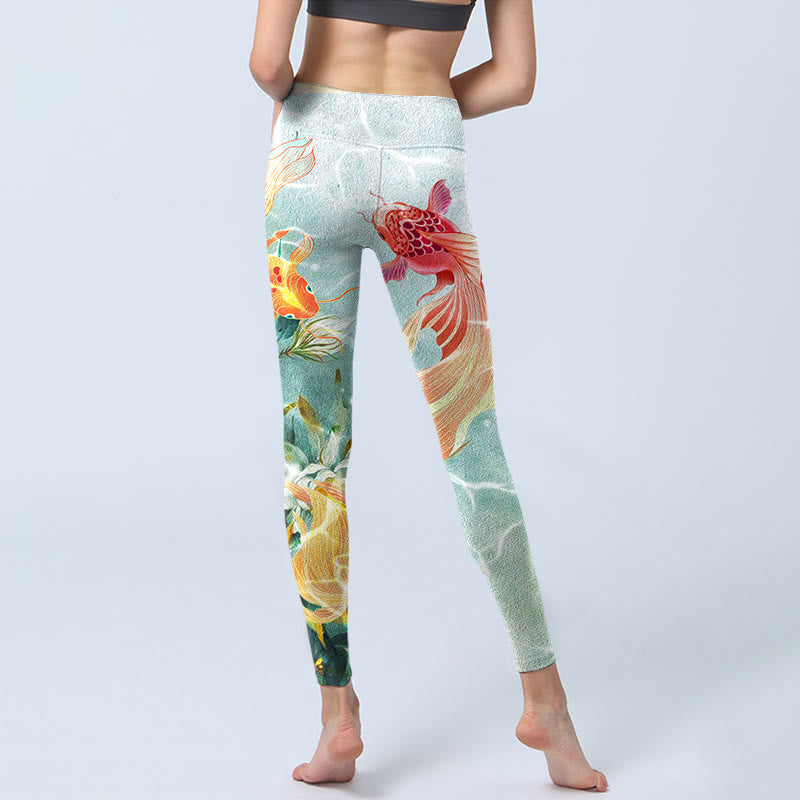 Buddha Stones Green Koi Fish White Lotus Water Ripples Print Gym Leggings Women's Yoga Pants - image 6