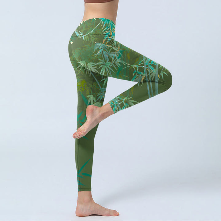 Buddha Stones Green Bamboo Rock Flower Print Gym Leggings Women's Yoga Pants