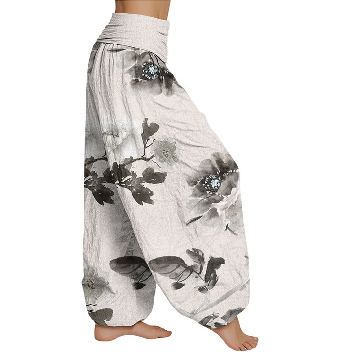 Buddha Stones Folwers With Leaves Pattern Women's Elastic Waist Harem Pants