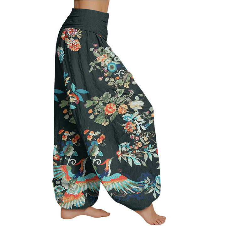 Buddha Stones Colorful Flowers Birds Leaves Pattern Women's Elastic Waist Harem Pants