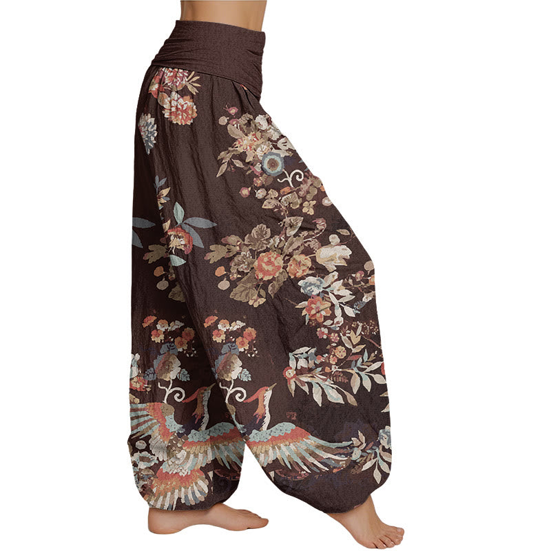 Buddha Stones Colorful Flowers Birds Leaves Pattern Women's Elastic Waist Harem Pants