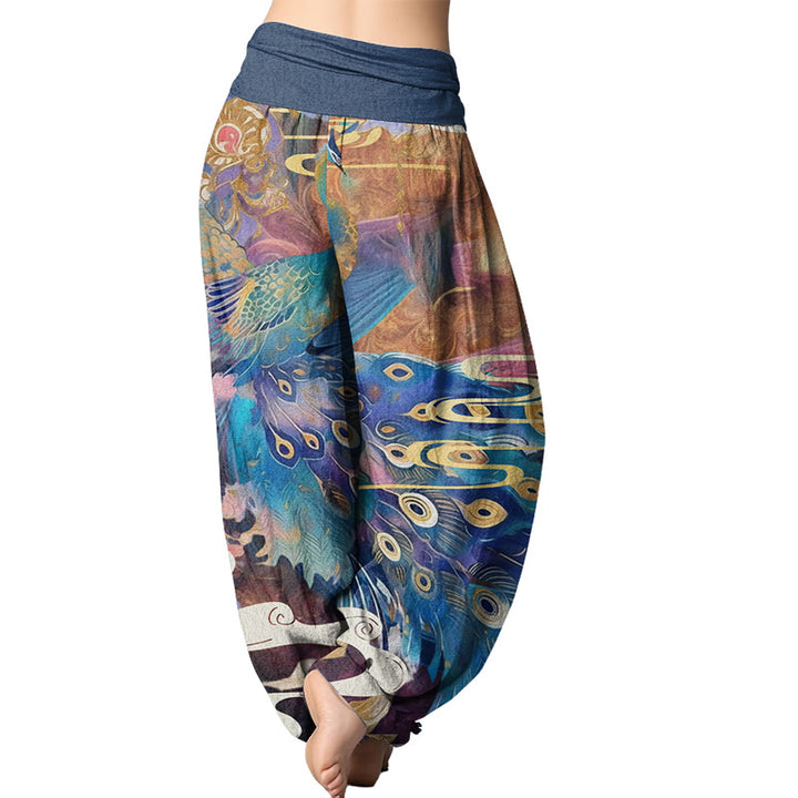 Buddha Stones Vibrant Peacock Auspicious Clouds Pattern Women's Elastic Waist Harem Pants