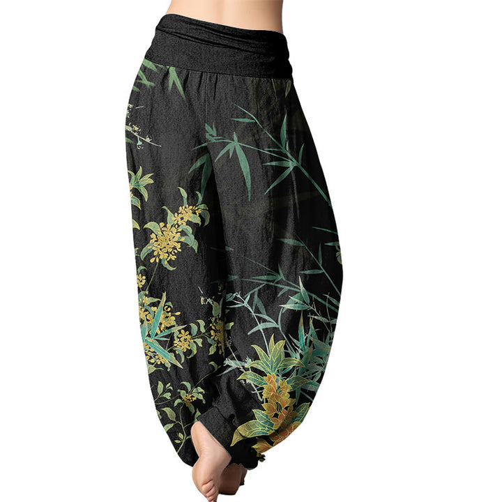 Buddha Stones Blooming Flowers Bamboo Pattern Women's Elastic Waist Harem Pants