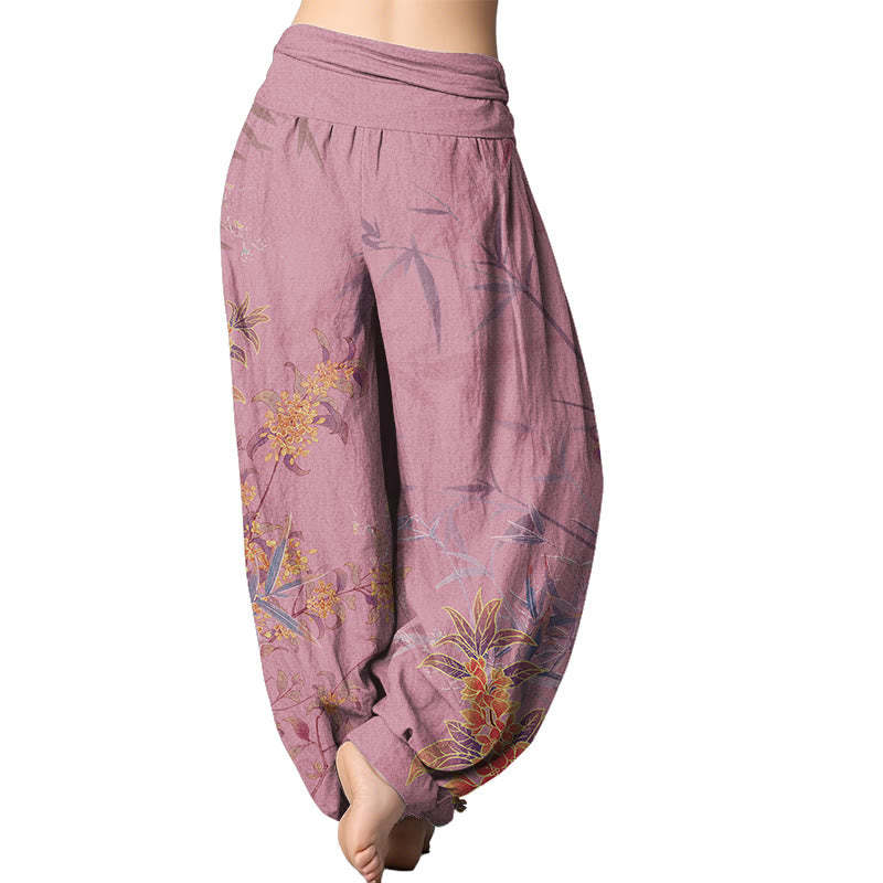 Buddha Stones Blooming Flowers Bamboo Pattern Women's Elastic Waist Harem Pants