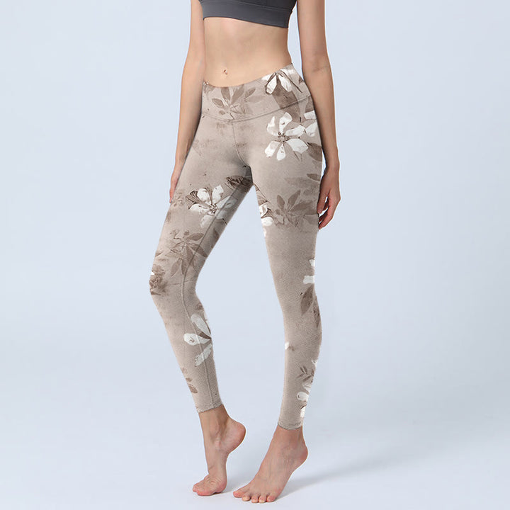 Buddha Stones White Brown Flowers Pattern Gym Leggings Women's Yoga Pants