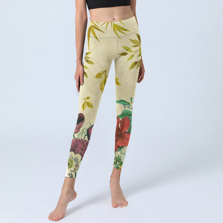 Buddha Stones Golden Green Leaves Colorful Flowers Gym Leggings Women's Yoga Pants - image 5