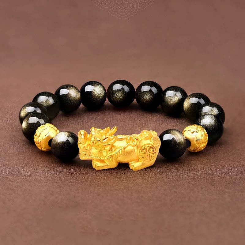 Buddha Stones Natural Gold Sheen Obsidian PiXiu Om Mani Padme Hum Wealth Bracelet