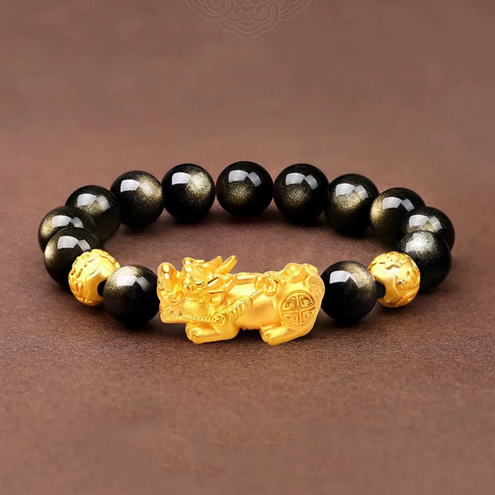 Buddha Stones Natural Gold Sheen Obsidian PiXiu Om Mani Padme Hum Wealth Bracelet