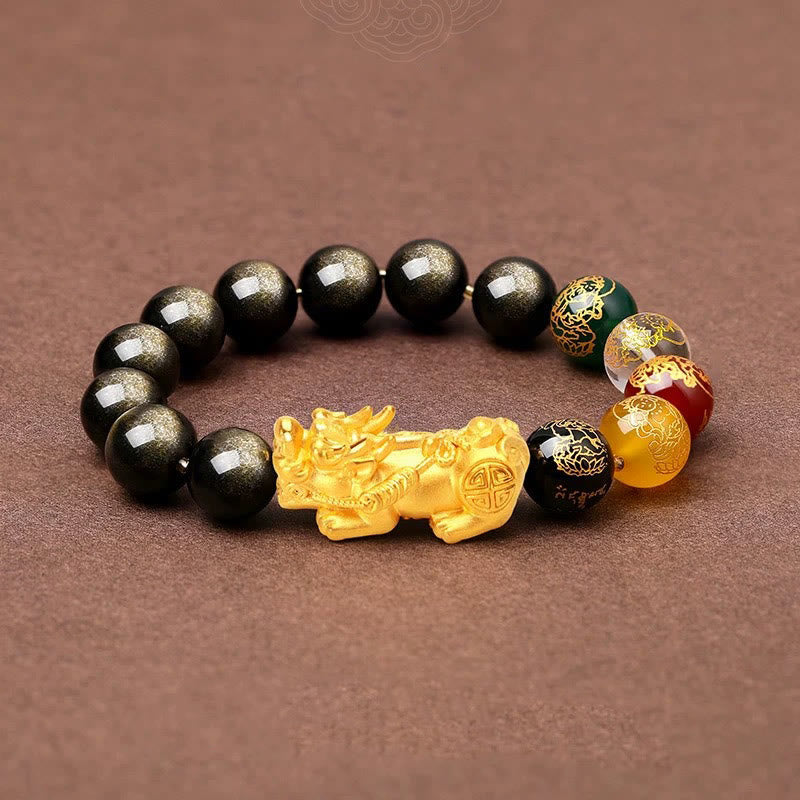 Buddha Stones Natural Gold Sheen Obsidian PiXiu Five Directions Gods of Wealth Protection Bracelet