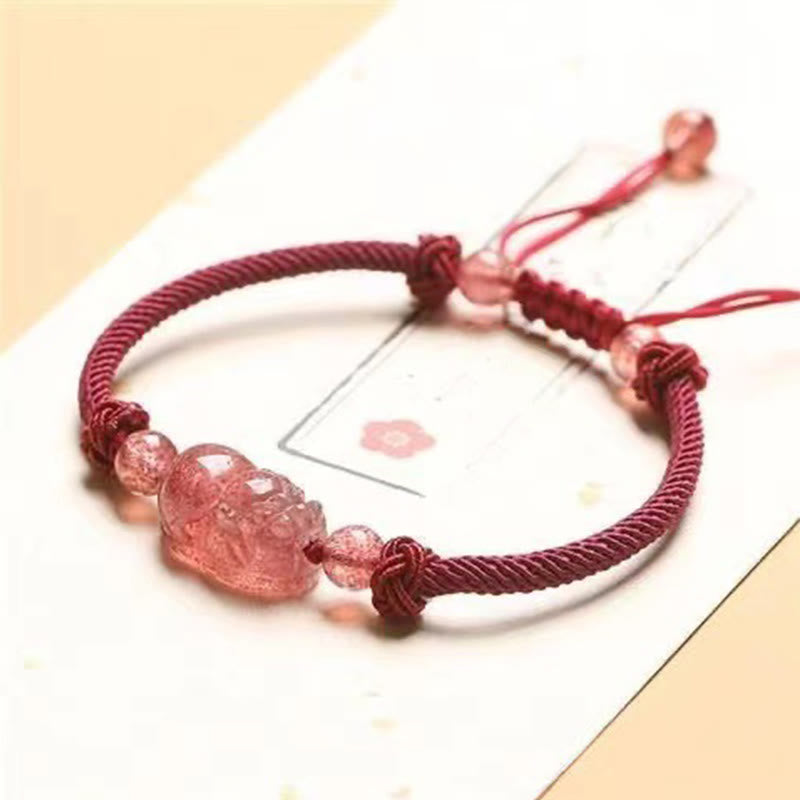 Buddha Stones Natural Strawberry Quartz PiXiu Red String Braided Protection Bracelet