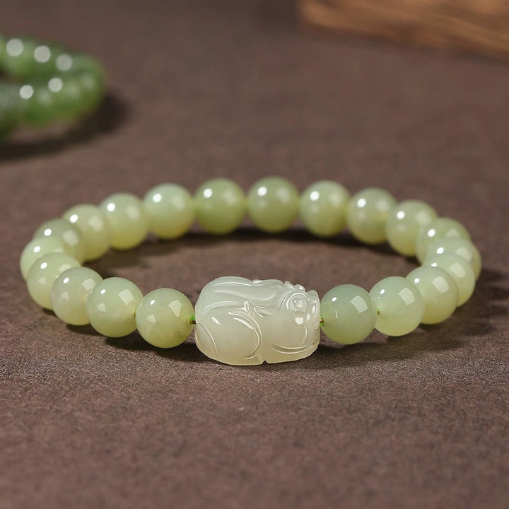 Buddha Stones Natural Hetian Jade PiXiu Carved Luck Bracelet