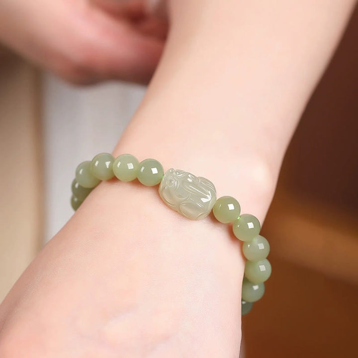 Buddha Stones Natural Hetian Jade PiXiu Carved Luck Bracelet