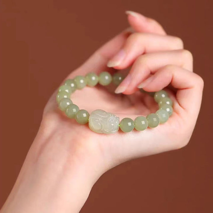 Buddha Stones Natural Hetian Jade PiXiu Carved Luck Bracelet