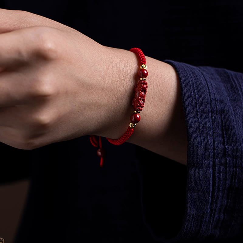 Buddha Stones Handmade Cinnabar Ruyi Handle Fu Character PiXiu Blessing Red String Braided Bracelet