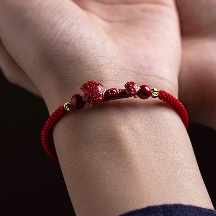 Buddha Stones Handmade Cinnabar Ruyi Handle Fu Character PiXiu Blessing Red String Braided Bracelet