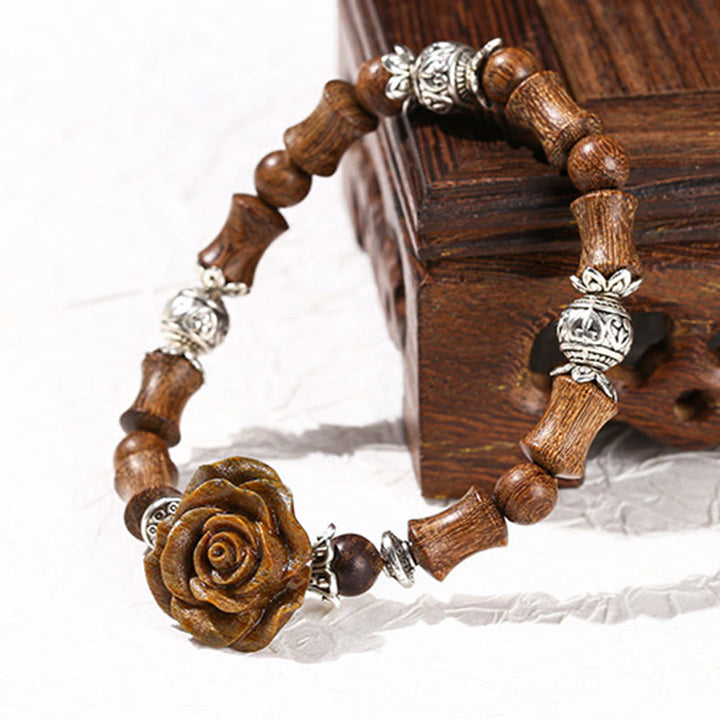 Buddha Stones Sandalwood Bamboo Pattern Camellia Healing Bracelet