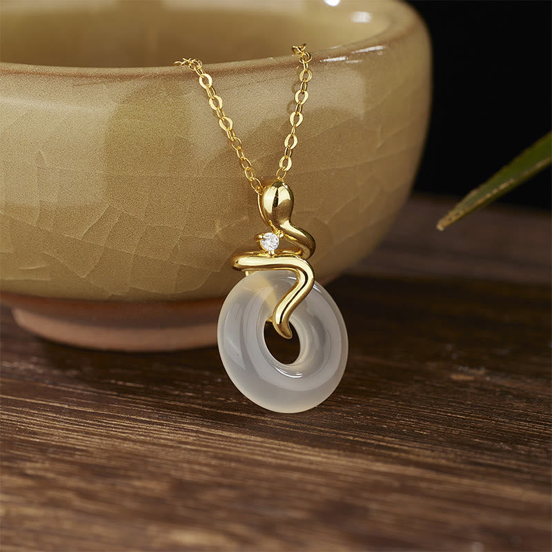 Buddha Stones 925 Sterling Silver Year Of The Snake Chalcedony Peace Buckle Positive Necklace Pendant - Chalcedony 925 Sterling Silver Golden Snake - image 0