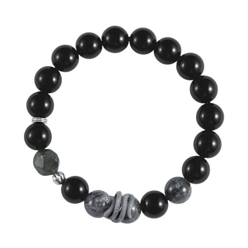 Buddha Stones Black Obsidian Black Rutilated Quartz 925 Sterling Silver Year Of The Snake Purification Bracelet