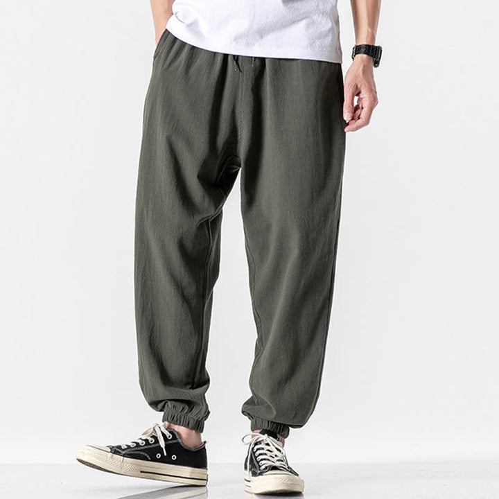 Buddha Stones Solid Color Drawstring Cotton Men's Pants With Pockets